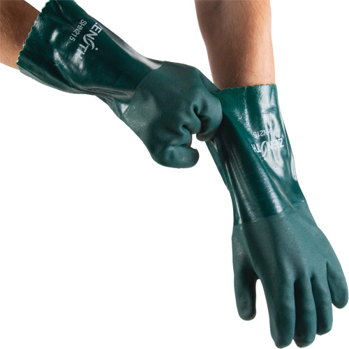 Double Dipped Green Gloves, 14" L, PVC, Cotton Jersey Inner Lining, 70-mil Equipex