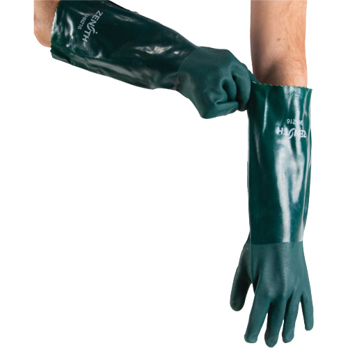 Double Dipped Green Gloves, 18" L, PVC, Cotton Jersey Inner Lining, 70-mil Equipex