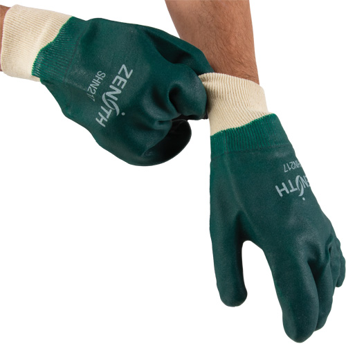 Double Dipped Green Gloves, 10" L, PVC, Cotton Jersey Inner Lining, 70-mil Equipex