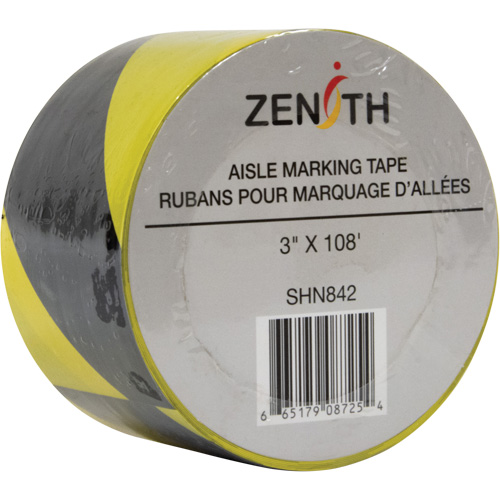 Aisle Marking Tape, 3" x 108', PVC, Noir et jaune Equipex
