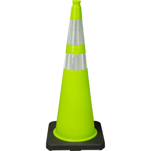 C&ocirc;ne de signalisation de premi&egrave;re qualit&eacute;, 36", Vert lime, Bande(s) r&eacute;fl&eacute;chissante(s) 4" & 6" Equipex