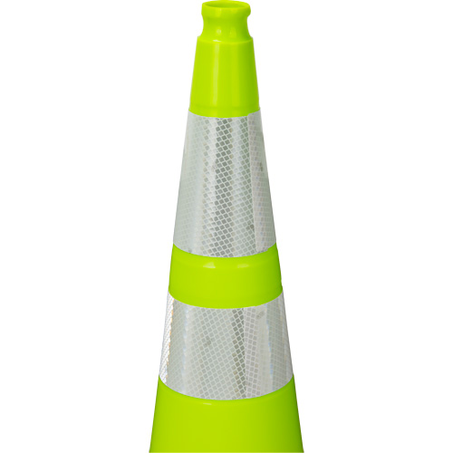 C&ocirc;ne de signalisation de premi&egrave;re qualit&eacute;, 36", Vert lime, Bande(s) r&eacute;fl&eacute;chissante(s) 4" & 6" Equipex