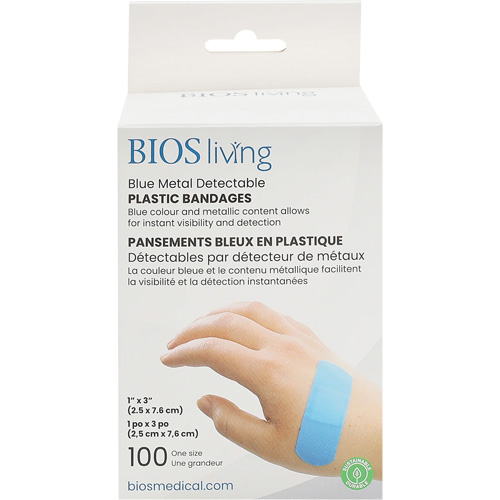 Bandages hydrofug&eacute;s bleu, Rectangulaire/carr&eacute;e, 3", Plastique d&eacute;tectable, St&eacute;rile Equipex