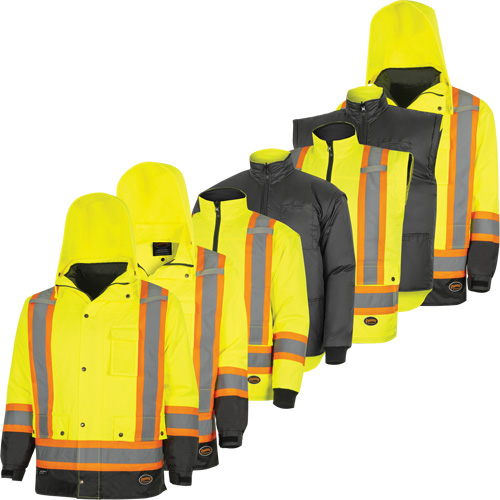 5057 Pioneer&reg; Yukon 7-in-1 Waterproof Winter Safety Parka, Polyester, Black/High Visibility Lime-Yellow, X-Small Equipex