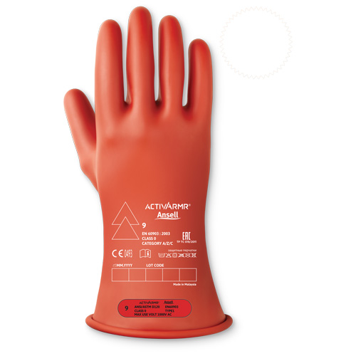 ActivArmr&reg; Electrical Insulating Class 0 Gloves, 8.5, 11" L, Level 1, ASTM D120/ATSM F2675:2021/IEC 614821-2:2014 Equipex