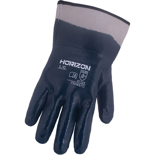 Gants bleu marine avec manchettes renforc&eacute;es &agrave; entoilage coll&eacute; Horizon, 2T-Grand, R&ecirc;vetement Nitrile, Enveloppe en Jersey/Coton Equipex