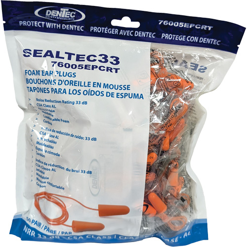 Bouchons d'oreilles coniques jetables en mousse de PU orange SEALTEC33, Vrac - Sac en poly, Avec cordon Equipex