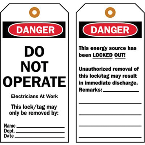 Lockout Tags, Plastic, 3" W x 5-1/2" H, English Equipex