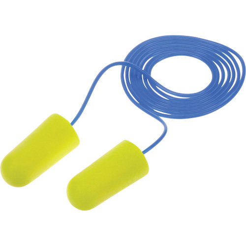 Bouchons d'oreilles n&eacute;on jaune E-A-Rsoft, Vrac - Sac en poly, Grand, Avec cordon Equipex