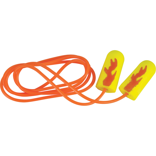 Bouchons d'oreilles &eacute;clat n&eacute;on jaune E-A-Rsoft, Vrac - Sac en poly, Avec cordon Equipex