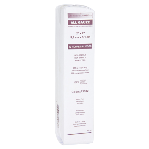 Gauze Sponges, Pad, 2" L x 2" W, Medical Device Class 1 Equipex