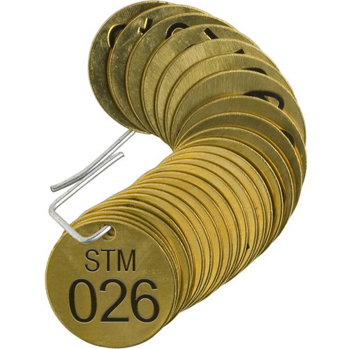 Numbered "STM" Valve Tags, # 026-050, Brass, 1.5" dia Equipex