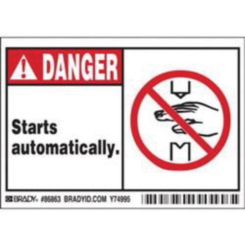 "Danger Starts Automatically" Sign, 3-1/2" x 5", Polyester, English with Pictogram Equipex