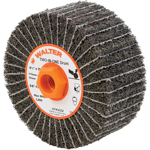 Tambours de finition Two-In-One, 4-1/2" dia. x 2" la, Arbre 5/8"-11, Oxyde d'aluminium Equipex