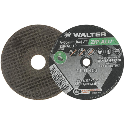 ZIP ALU Cutting Wheel, 4" x 1/32", 3/8" Arbor, Type 1, Aluminum Oxide, 19100 RPM Equipex