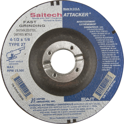 Meule rapide Saitech Attacker, 4-1/2" x 1/4", Arbre 7/8", Oxyde d'aluminium/C&eacute;ramique, Type 27 Equipex