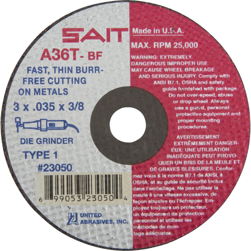 Cut-Off Wheel (A36T), 3" x 0.035", 3/8" Arbor, Type 27, Aluminum Oxide, 25000 RPM Equipex