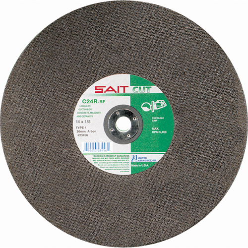 Meule &agrave; tronçonner haute vitesse pour le b&eacute;ton C24R, 14" x 1/8", Arbre de 1", Type 1, Carbure de silicium, 5400 Tr/min Equipex