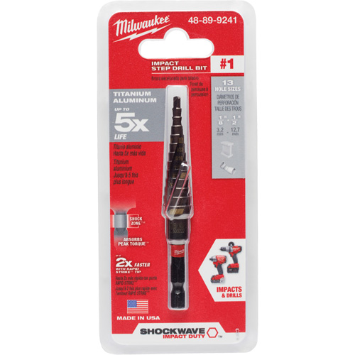 #1 Shockwave Impact Duty Step Drill Bit, 1/2" - 1-1/8" , 1/32" Increments, Titanium Equipex
