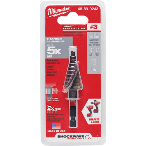 #3 Shockwave Impact Duty Step Drill Bit, 3/16" - 3/4" , 1/16" Increments, Titanium Equipex