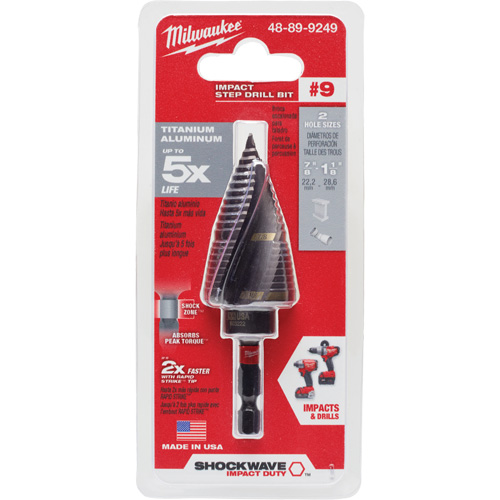#9 Shockwave Impact Duty Step Drill Bit, 7/8" - 1-1/8" , 1/4" Increments, Titanium Equipex