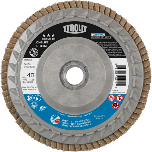 Disque &agrave; lamelles Long Life C-Trim, 4-1/2" x 5/8"-11, Type 27, Grain 40, Alumine de zirconium Equipex