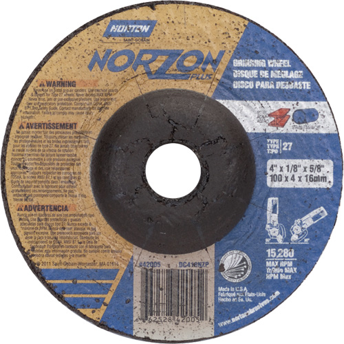NorZon Plus SGZ Grinding Wheel, 4" x 1/8", 5/8" Arbor, Ceramic Alumina, Type 27 Equipex