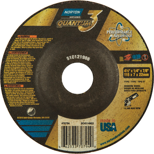 Quantum3 Grinding Wheel, 4-1/2" x 1/4", 7/8" Arbor, Ceramic Alumina, Type 27 Equipex