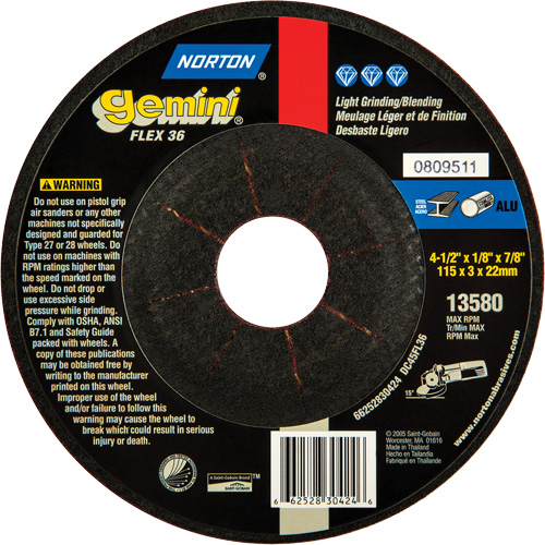 Gemini&reg; Flexible Mini Disc Depressed Centre Wheel, 4-1/2" x 1/8", 7/8" Arbor, Aluminum Oxide, Type 27 Equipex