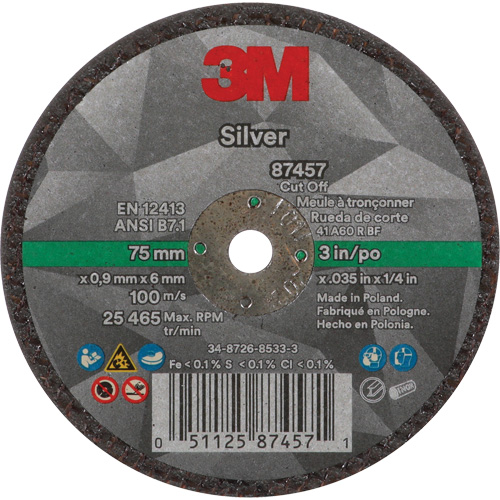Meule &agrave; tronçonner Silver, 3" x 0,04", Arbre de 1/4"-28, Type 1, C&eacute;ramique, 25645 Tr/min Equipex