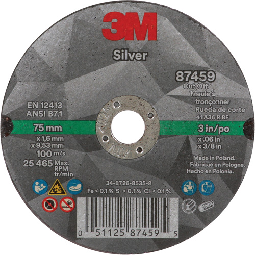 Meule &agrave; tronçonner Silver, 3" x 0,06", Arbre de 3/8"-24, Type 1, C&eacute;ramique, 25645 Tr/min Equipex