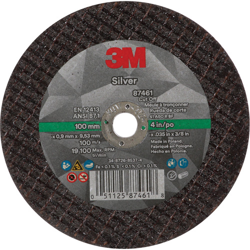 Silver Cut-Off Wheel, 4" x 0.04", 3/8"-24 Arbor, Type 1, Ceramic, 19100 RPM Equipex