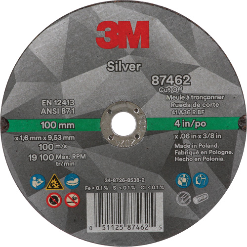 Silver Cut-Off Wheel, 4" x 0.06", 3/8"-24 Arbor, Type 1, Ceramic, 19100 RPM Equipex