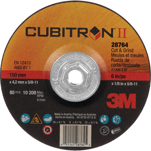 Disque de coupe et de meulage &agrave; changement rapide Cubitron II, 6" x 1/8", Arbre de 5/8"-11, Type 27, C&eacute;ramique Equipex