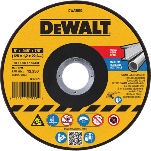 Metal Cut-Off Wheel, 5" x 0.045", 7/8" Arbor, Aluminum Oxide, Type 1 Equipex