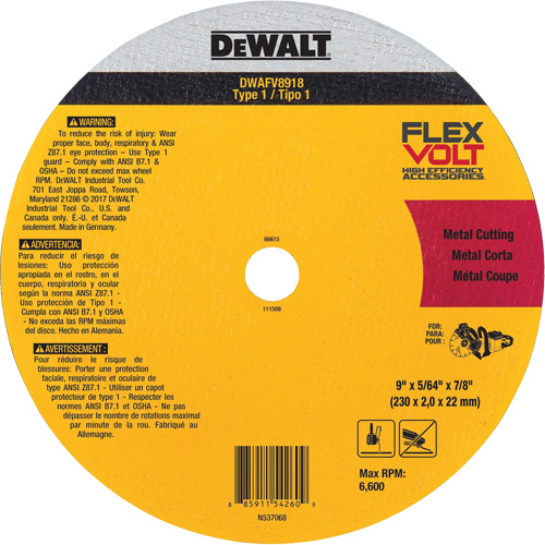 FlexVolt&reg; Metal Cut-Off Wheel, 9-1/16" x 0.078", 22.23 mm Arbor, Ceramic, Type 1 Equipex