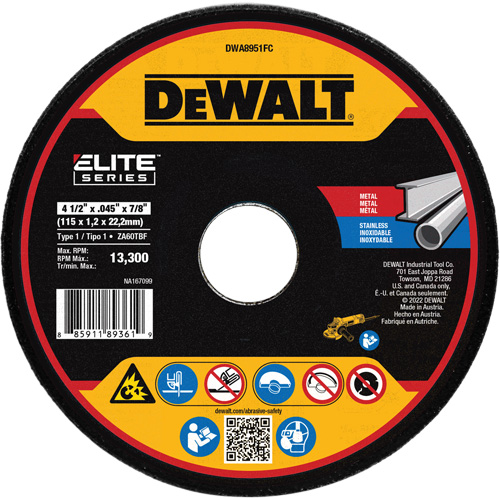 Meule de tronçonnage des m&eacute;taux XP, 4-1/2" x 0,045", Arbre 7/8", C&eacute;ramique, Type 1 Equipex