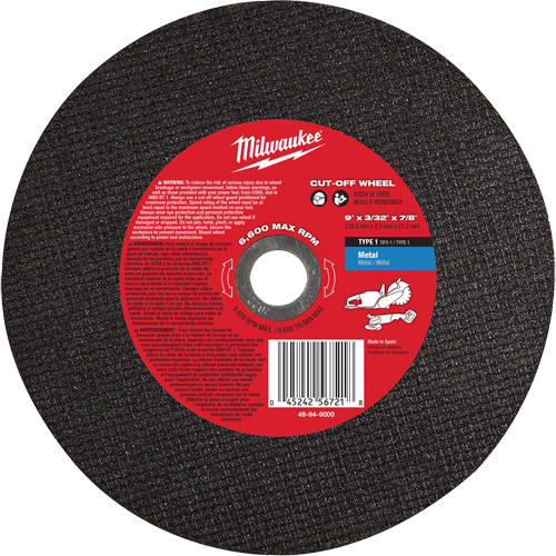 Meule &agrave; tronçonner, 9" x 3/32", Arbre de 7/8", Type 1, 6600 Tr/min Equipex