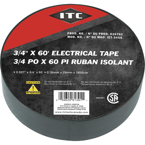IET-3460 Ruban isolant, Ruban &eacute;lectrique, Rubans isolant, 19 mm (3/4") x 18,28 m (60'), Noir Equipex