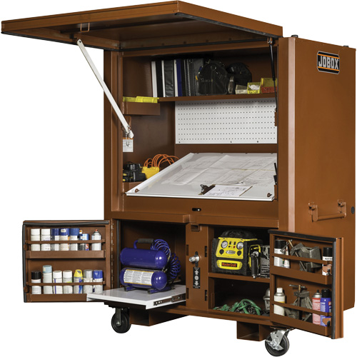 Coffre de chantier et surface de travail sur le terrain, 33" la x 63" p x 80" h, Acier, Rouge Equipex