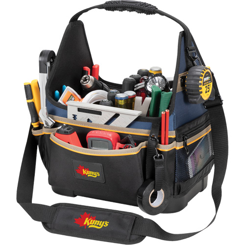 Molded Base Electrical/HVAC Tool Carrier, Ballistic Polyester, 20 Pockets, Black/Blue Equipex