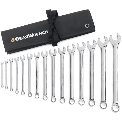 12-Point Long Pattern Wrench Set with Tool Roll, Combination, 15 Pieces, Imperial Equipex