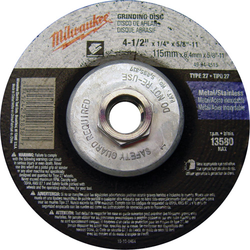 Grinding Wheel, 4-1/2" x 1/4", 5/8"-11 Arbor, Aluminum Oxide, Type 27 Equipex