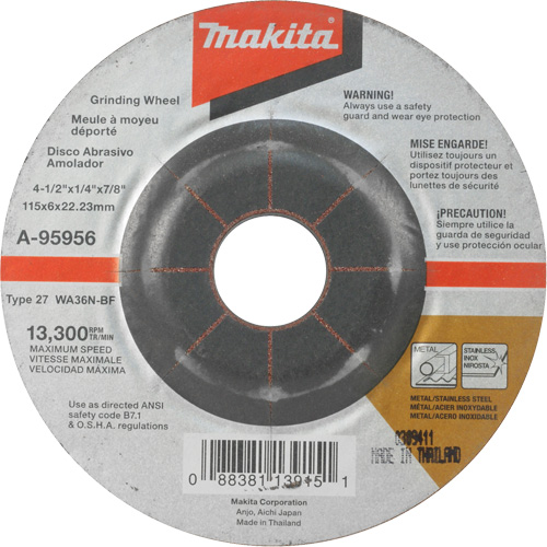 INOX Grinding Wheel, 4-1/2" x 1/4", 7/8" Arbor, Aluminum Oxide, Type 27 Equipex