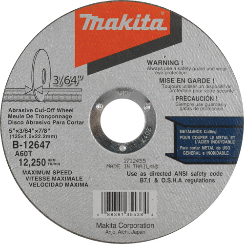Thin Kerf Cut-Off Wheel, 5" x 3/64", 7/8" Arbor, Type 1, Aluminum Oxide, 12250 RPM Equipex