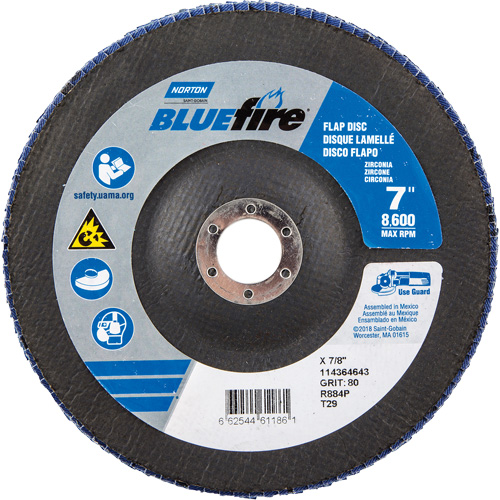 Disque &agrave; lamelles &agrave; grain grossier BlueFire, 7" x 7/8", Type 27, Grain 80, Alumine de zirconium Equipex