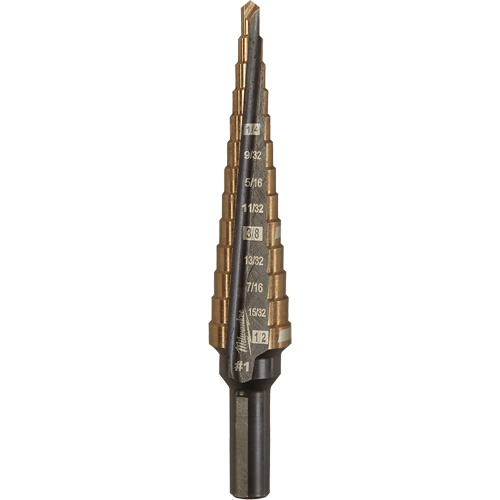 Step Drill Bit, 1/8"/#1 - 1/2"/#1 , 1/32" Increments, High Speed Cobalt Equipex