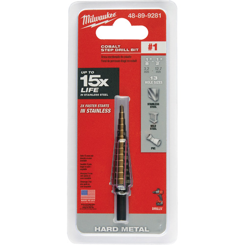 Step Drill Bit, 1/8"/#1 - 1/2"/#1 , 1/32" Increments, High Speed Cobalt Equipex