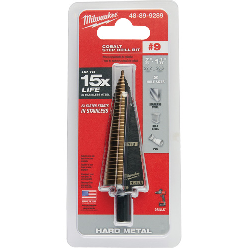Step Drill Bit, 7/8"/#9 - 1-1/8"/#9 , 1/32" Increments, High Speed Cobalt Equipex