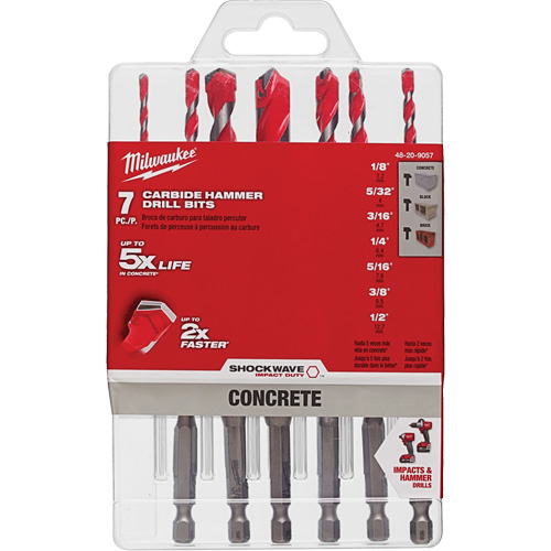 Grand jeu de forets pour perceuse &agrave; percussion Shockwave, 7 morceaux, Carbure Equipex